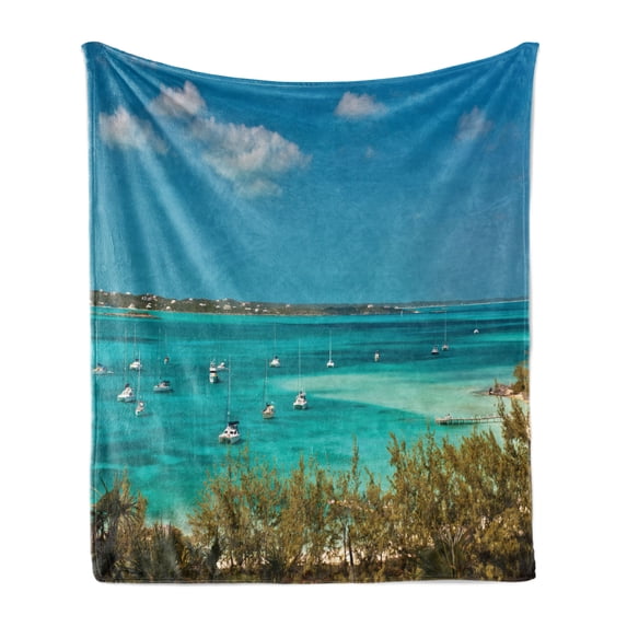 Sailboat Soft Flannel Fleece Throw Blanket, Sailboats and Power Boats Anchored in Crystal Clear Waters of the Bahamas, Cozy Plush for Indoor and Outdoor Use, 70" x 90", Teal Blue Green, by Ambesonne