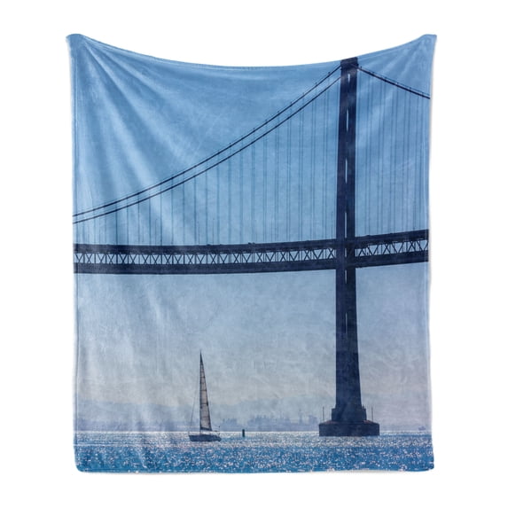 Sailboat Soft Flannel Fleece Throw Blanket, San Francisco Bay Bridge Sailboat from Pier 7 in California USA Landmark Photo Print, Cozy Plush for Indoor and Outdoor Use, 70" x 90", Blue, by Ambesonne