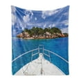 thumbnail image 1 of Sailboat Soft Flannel Fleece Throw Blanket, Tropical Island and Boat Exotic Journey Traveling Destinations Holidays, Cozy Plush for Indoor and Outdoor Use, 50" x 60", Blue Green Ivory, by Ambesonne, 1 of 5
