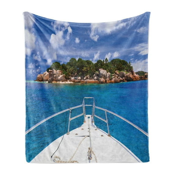 Sailboat Soft Flannel Fleece Throw Blanket, Tropical Island and Boat Exotic Journey Traveling Destinations Holidays, Cozy Plush for Indoor and Outdoor Use, 50" x 60", Blue Green Ivory, by Ambesonne