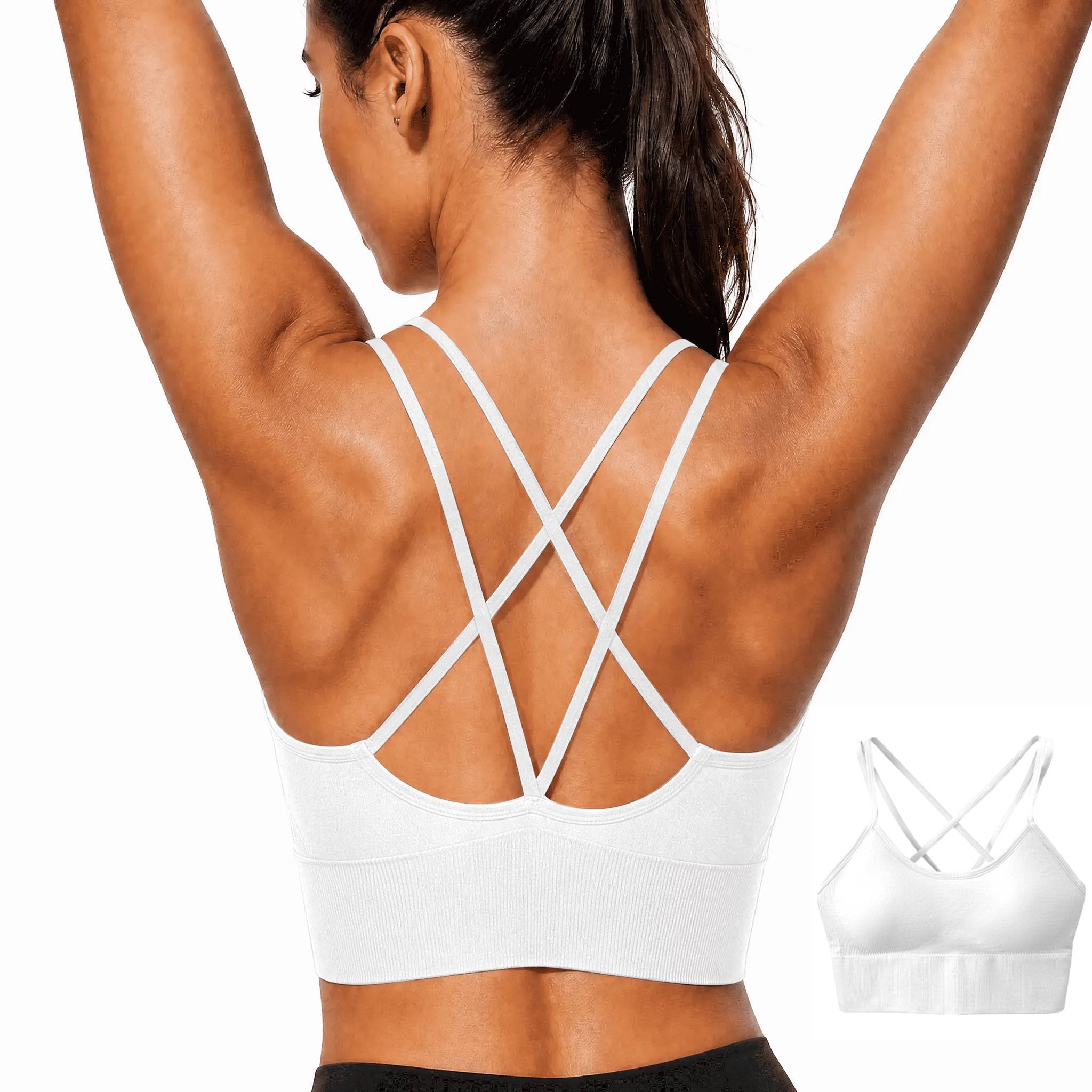 Cyglowse Sports Bra for Women V-Neck Strappy Criss Cross Yoga Bra Padded Medium Support Workout Gym Athletic Fitness Bras White 32
