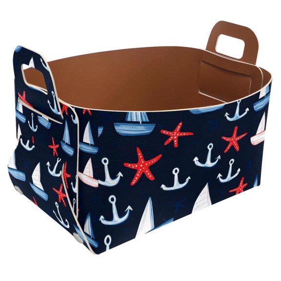 Sailboat Starfish Anchor Storage Basket Collapsible Storage Bin, PU Foldable Basket Convenient Box Storage Organizer with Handles for Shelves Office Bedroom Closet Nursery Toys Laundry