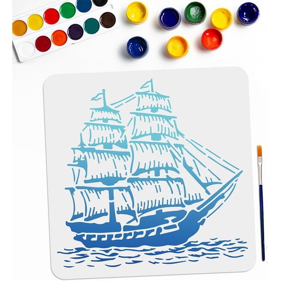 Sailboat Stencil Template Nautical Ship Stencil 11.8x11.8inch with Paint Brush Large Boat Sea Wave Pattern Reusable DIY Sailboat Craft Wall Wood Canvas Paper Colorful