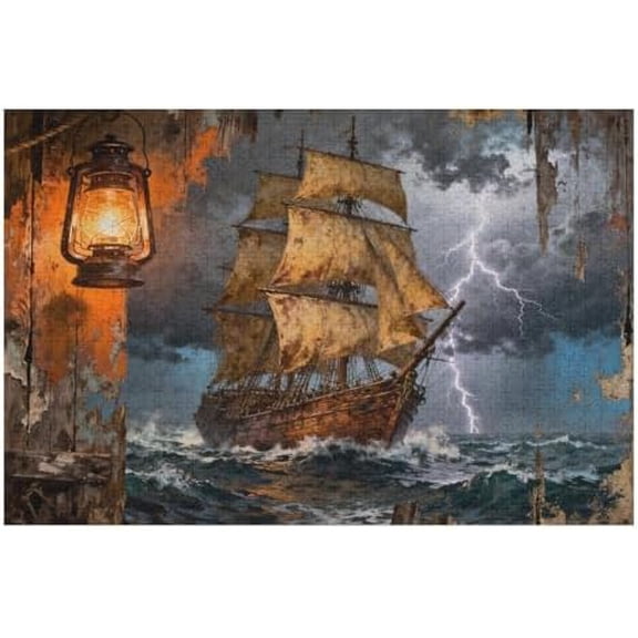 Sailboat in a Storm Jigsaw Puzzles for Adults 1000 Pieces, Lightning Background, Challenging Family Activity, Colorful DIY for Home Decoration and Fun Puzzle