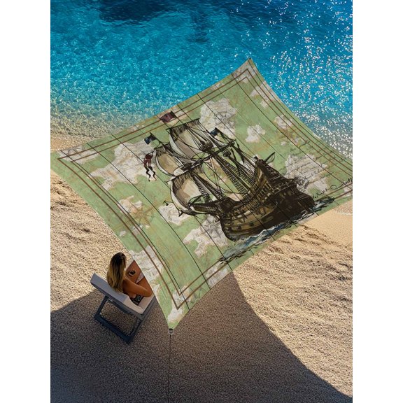 Sailboat Sun Shade Sail 8' x 10', Vintage Boat Green Map Texture Brown Stripes Rectangle Outdoor Sunshade Canopy, Waterproof UV Block Patio Covers for Garden Yard Beach