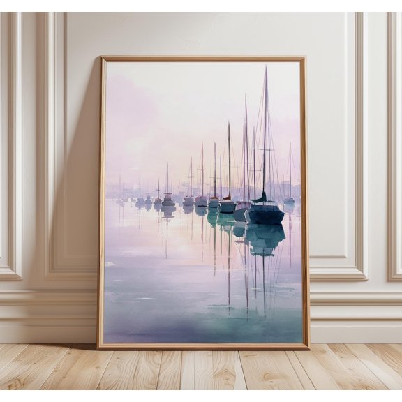 Sailboat Sunrise Coastal Pastel Ocean Tranquil Harbor Blue Pink Seascape Art, Unframed Paper Poster 8x10in
