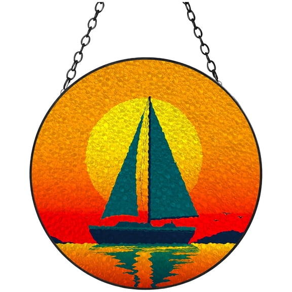 Sailboat and Sunset Stained Glass Suncatcher Colored Handmade Window Hangings Glass Suncatcher Crafts Kits for Indoor Garden Christmas Decor and Memorial 16x16cm(1)