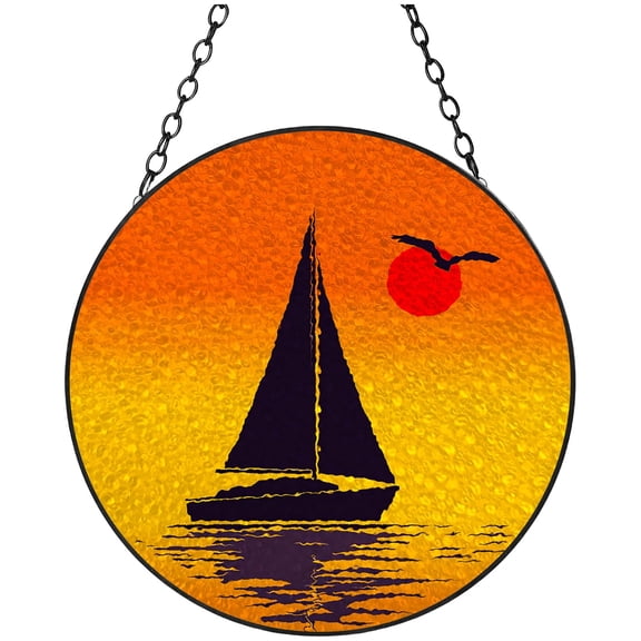 Sailboat and Sunset Stained Glass Suncatcher Colored Handmade Window Hangings Glass Suncatcher Crafts Kits for Indoor Garden Christmas Decor and Memorial 16x16cm(2)