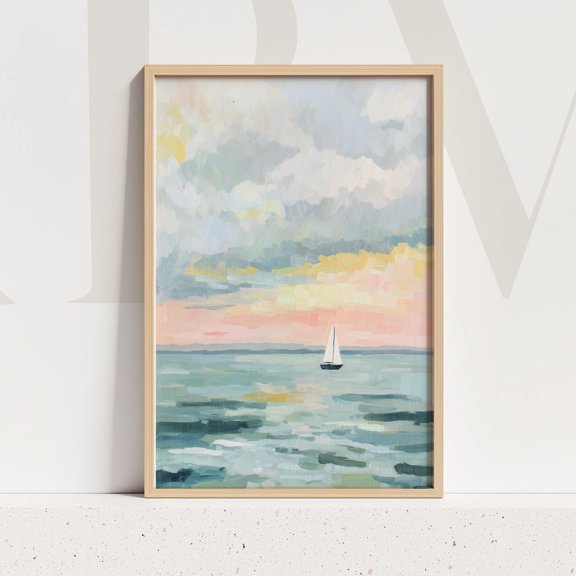 Sailboat Sunset Wall Art Print Minimal Coastal Decor Unframed Paper Print