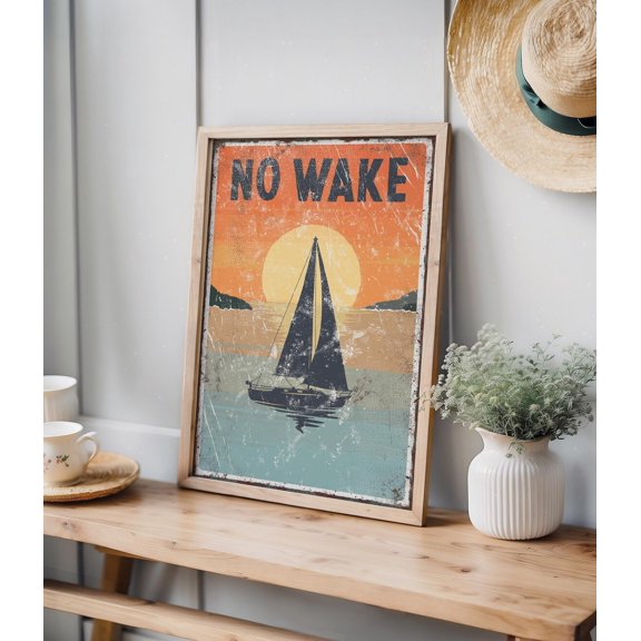 Sailboat Sunset Wall Art, Vintage Lake Sailboat NO WAKE Sign for Entryway, Poster Only