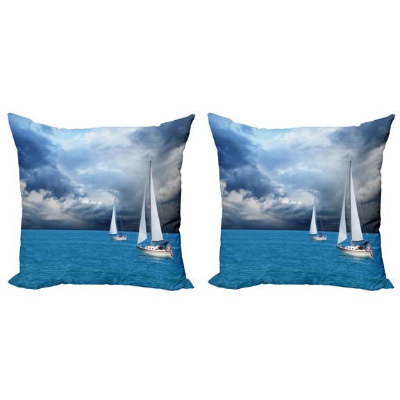 Sailboat Throw Pillow Cushion Cover Pack of 2, Sailing After a Storm Transportation Colorful Outdoors Hobby Cloudscape, Zippered Double-Side Digital Print, 4 Sizes, Blue Grey Blue White, by Ambesonne