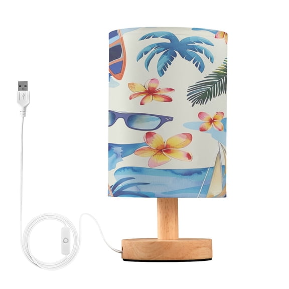 Sailboat Tropical Palm Tree Floral Glasses Bedside Table Lamp Desk Warm Lights with USB Charging Port Cylinder LED Lamps for Bedroom Living Room Office