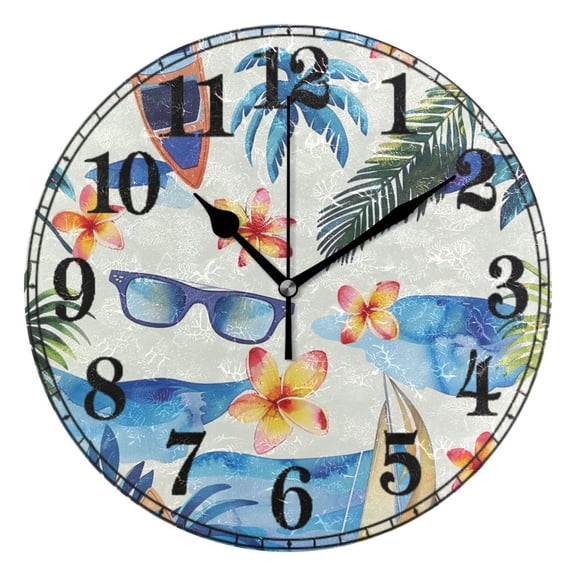 Sailboat Tropical Palm Tree Floral Glasses Silent Wall Clock 10" Non-Ticking Battery Clock