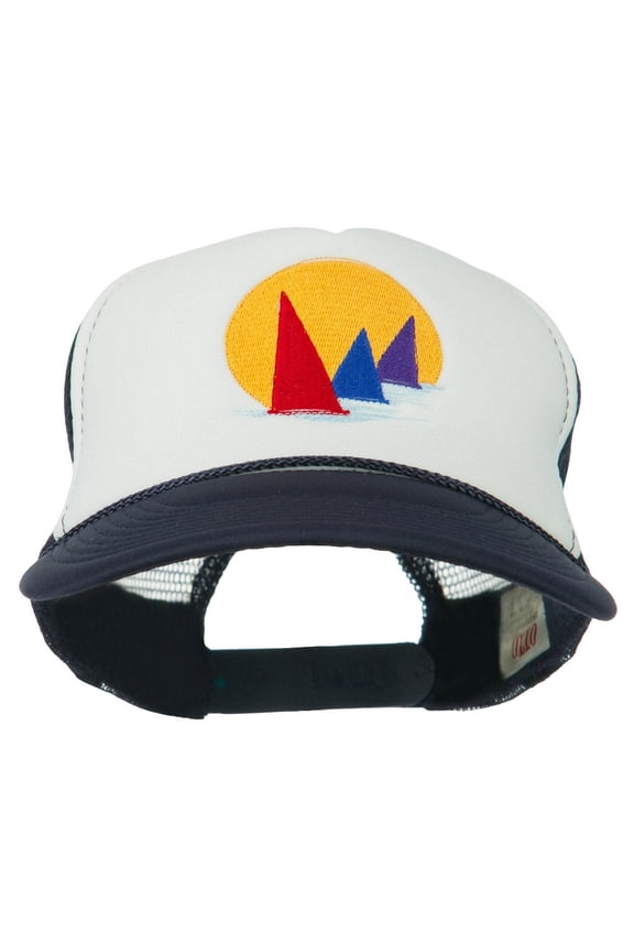 Sailboat Under Sun Embroidered Foam Mesh Back Cap - Navy White OSFM