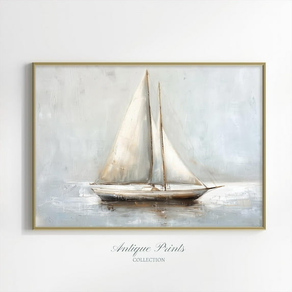 Sailboat Vintage Print, Muted Sailing, Nautical, Neutral Seascape Wall Art, Coastal Wall Art, Poster, Unframed Canvas Size 16x24