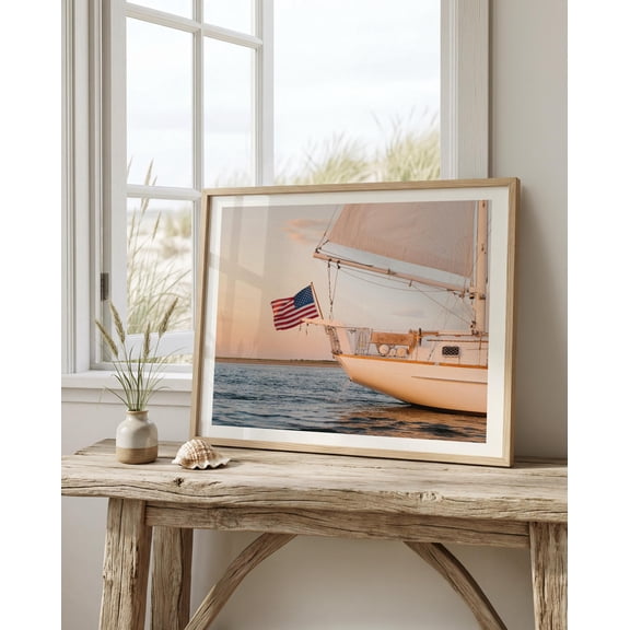 Sailboat Wall Art Print – Coastal Nautical Decor with American Flag at Sunset Cape Cod Sailing Photography Beach House Wall Art unframed