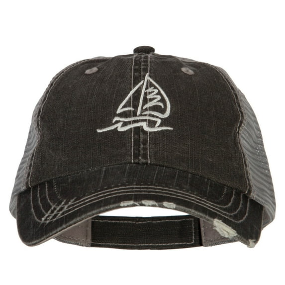 Sailboat Wave Embroidered Low Profile Mesh Cap - Black OSFM