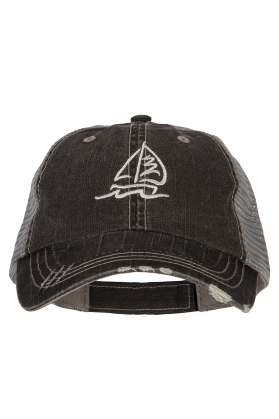 Sailboat Wave Embroidered Low Profile Mesh Cap - Black OSFM
