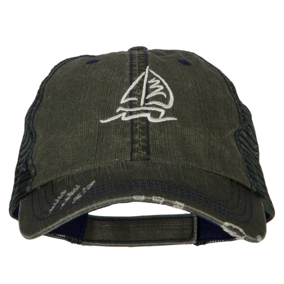 Sailboat Wave Embroidered Low Profile Mesh Cap - Green OSFM