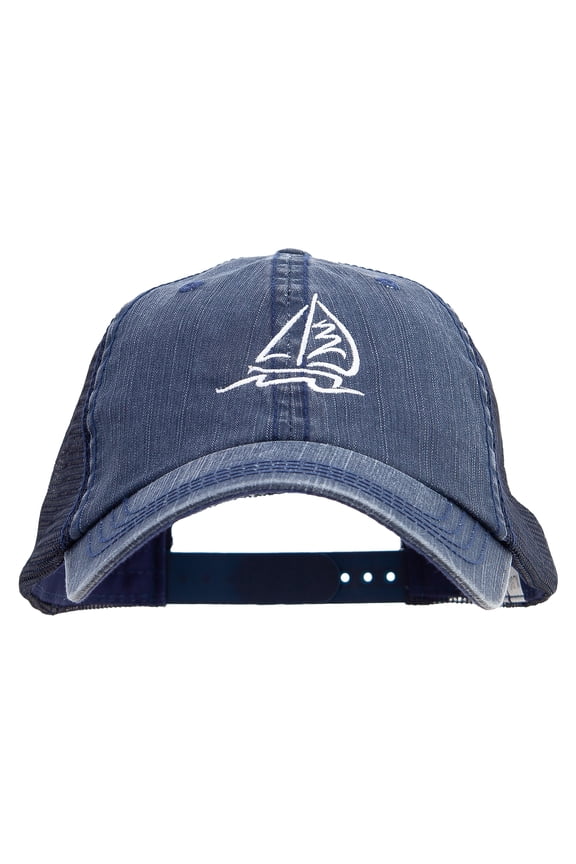 Sailboat Wave Embroidered Mesh Big Size Special Cotton Low Profile Trucker Cap - Navy XL-3XL