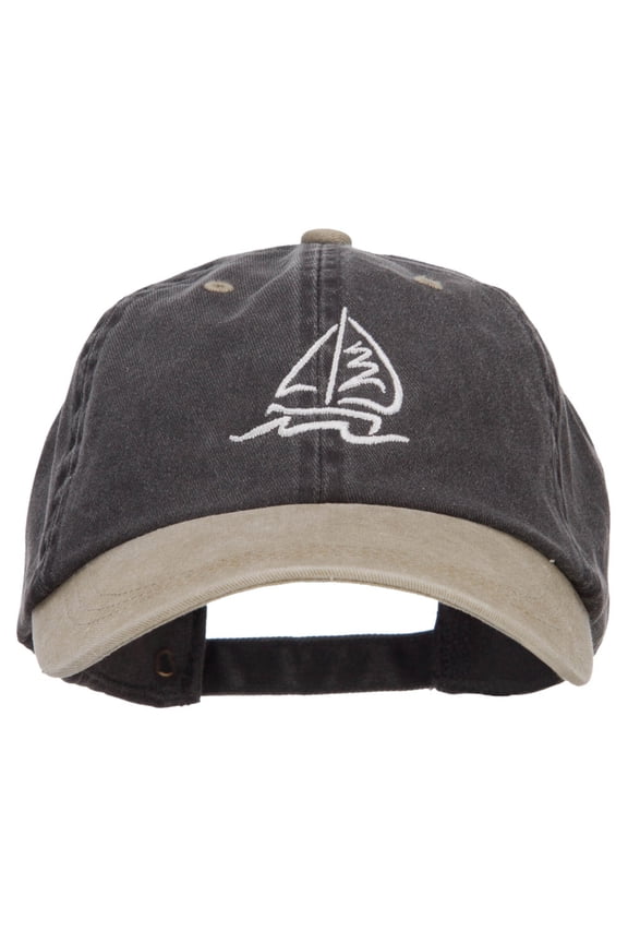 Sailboat Wave Embroidered Washed Two Tone Cap - Black Khaki OSFM