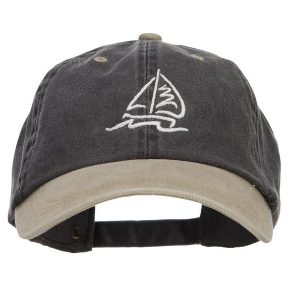 Sailboat Wave Embroidered Washed Two Tone Cap - Black Khaki OSFM