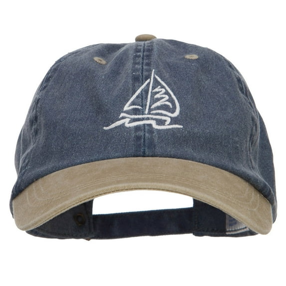 Sailboat Wave Embroidered Washed Two Tone Cap - Navy Khaki OSFM
