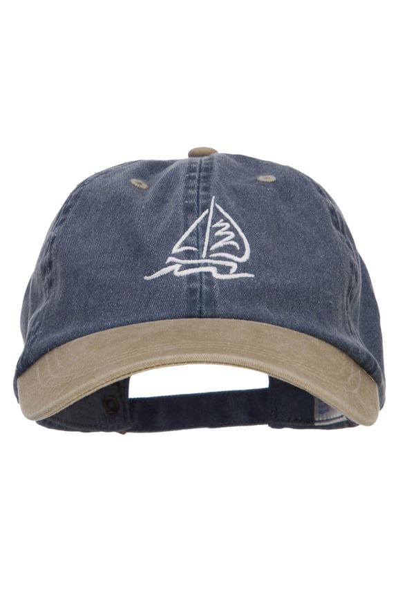 Sailboat Wave Embroidered Washed Two Tone Cap - Navy Khaki OSFM