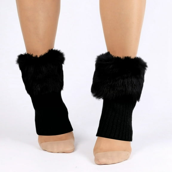 Women Faux Fur Trim Boot Cuff Socks Winter Knitted Furry Top Cover Leg Warmers Black