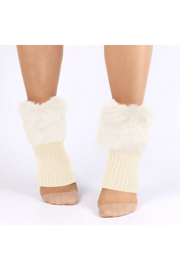 Women Faux Fur Trim Boot Cuff Socks Winter Knitted Furry Top Cover Leg Warmers White