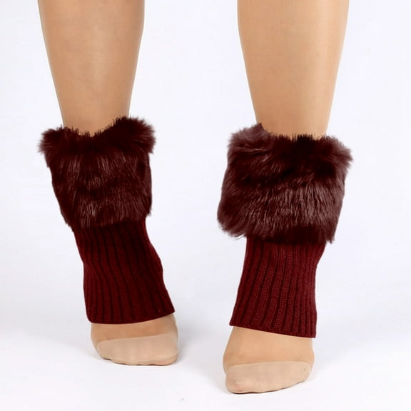 Sailboat Women Faux Fur Trim Boot Cuff Socks Winter Knitted Furry Top Cover Leg Warmers Wine