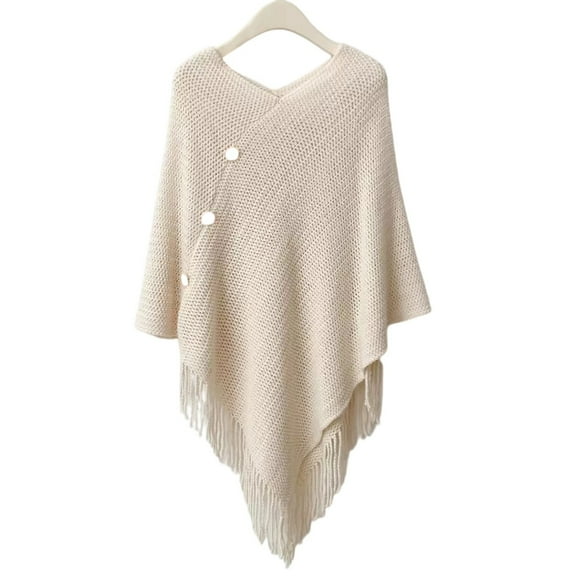 Sailboat Women's Knitted Poncho Sweater V-Neck Button Pullover Cape with Tassels Cozy Shawl Wrap Cardigan Tops for Fall Winter Beige