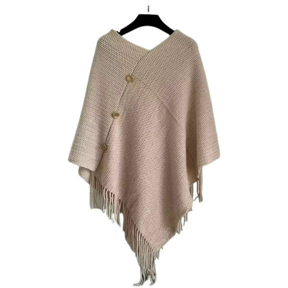 Sailboat Women's Knitted Poncho Sweater V-Neck Button Pullover Cape with Tassels Cozy Shawl Wrap Cardigan Tops for Fall Winter Khaki