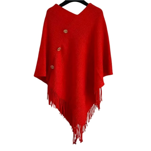 Women's Knitted Poncho Sweater V-Neck Button Pullover Cape with Tassels Cozy Shawl Wrap Cardigan Tops for Fall Winter Red