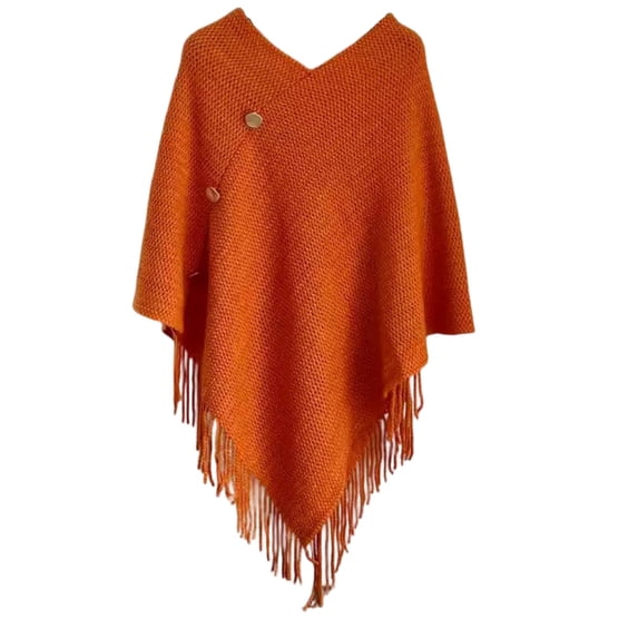 Knitted Poncho Shawl Women V Neck Button Decor Fringe Cape Wrap Soft Knit Shawl Wrap for Fall Winter Daily Dress Accessory