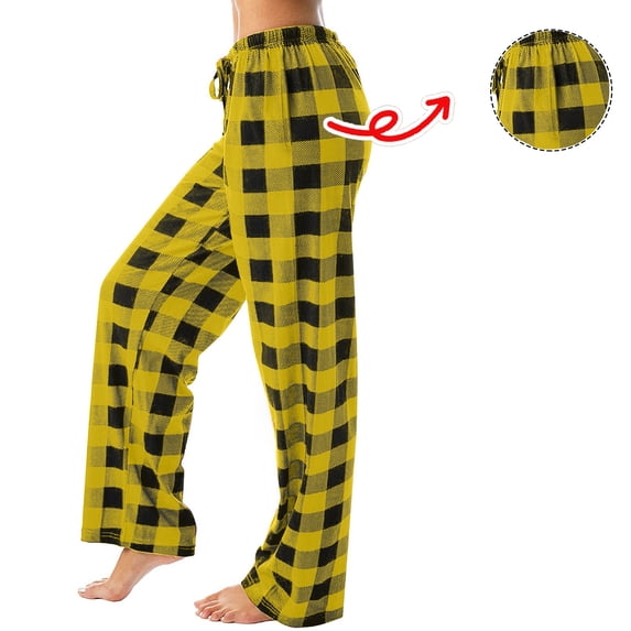 Womens Christmas Plaid Pajama Pants Gingham Wide Leg Matching Pj Pants Checkered Low Rise Drawstring Lounge Bottoms Yellow M