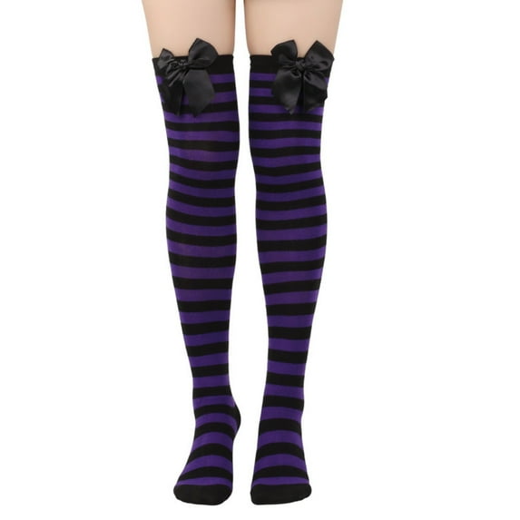Women鈥檚 Vibrant Horizontal Wide Striped Thigh High Stockings Dark Purple