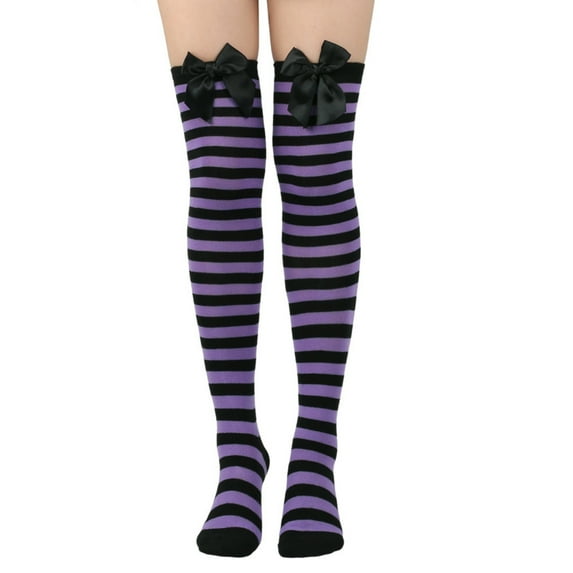Women鈥檚 Vibrant Horizontal Wide Striped Thigh High Stockings Purple