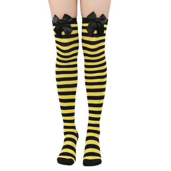 Sailboat Women’s Vibrant Horizontal Wide Striped Thigh High Stockings Yellow