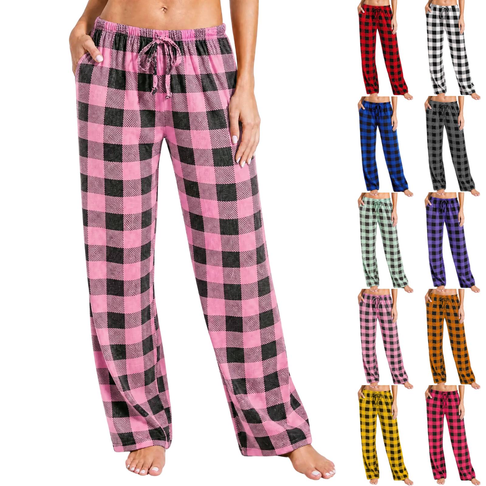 Cyglowse Womens Christmas Plaid Pajama Pants Gingham Wide Leg Matching Pj Pants Checkered Low Rise Drawstring Lounge Bottoms Pink L