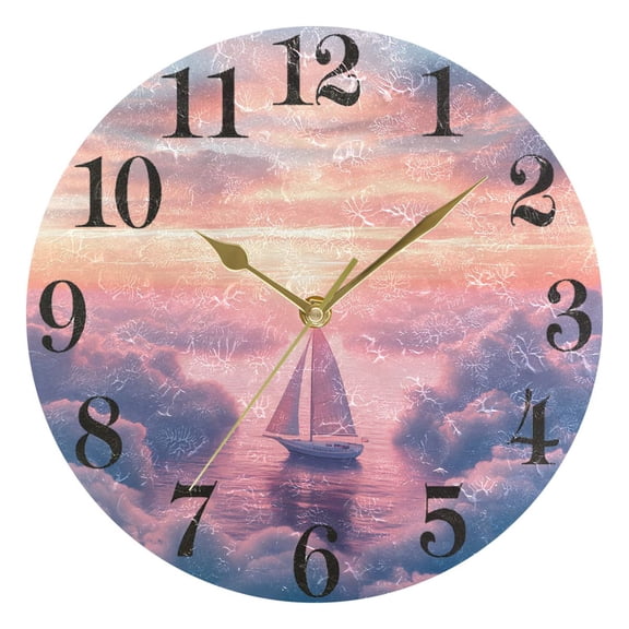 Sailboat above Clouds Round Wall Clock Battery Operated Silent Non-Ticking Bedroom Office Kitchen Home School Decor 10"(Gold)