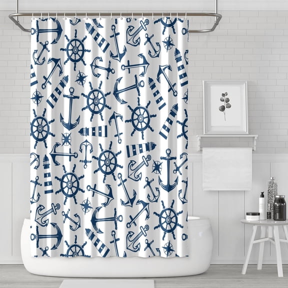 Sailboat and Anchor Design Waterproof Shower Curtain 72x72 Inch Polyester Fabric with Hooks, Coastal Blue Ocean Style for Nautical Bathroom Decor