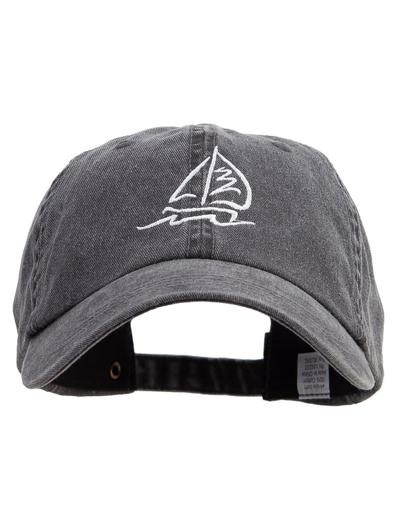 Sailboat and Wave Embroidered Big Size Washed Pigment Dyed Cap - Black XL-3XL