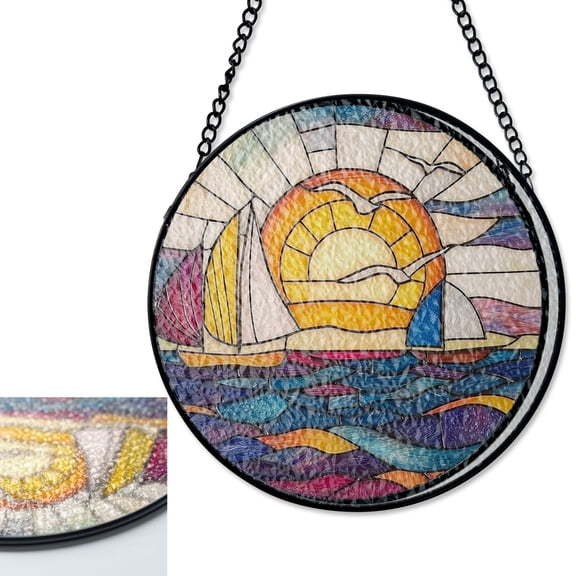 Sailboat and Waves Stained Glass Suncatcher, Diamond Window Panel