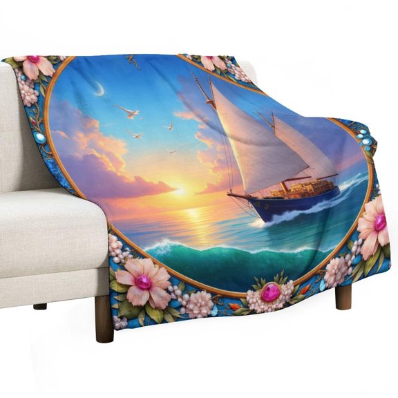 Sailboat at Sunset in Floral Frame Blankets Bedroom Living Room Sofa Throw Blankets for Beds