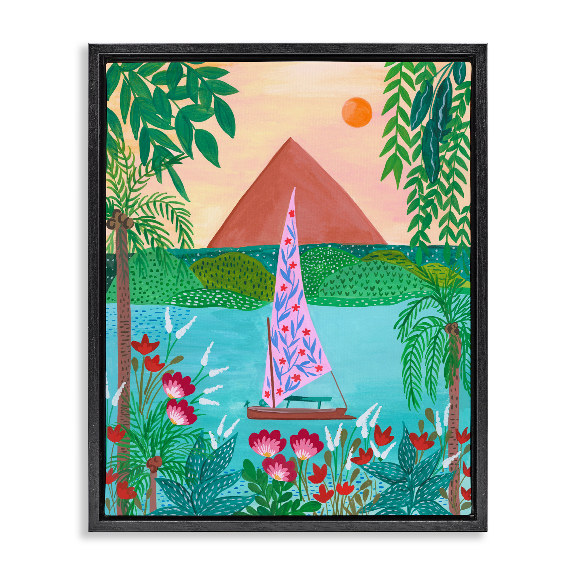 Sailboat on Egypt Nile Black Framed Floater Canvas Wall Art, design by Nabeela Rumi