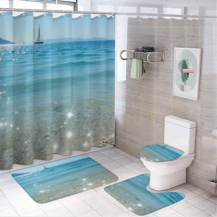 Sailboat on Sparkling Blue Sea Shower Curtain Waterproof Bathroom Curtain Set with Hooks Home Decor Bathroom Curtains 4pcs