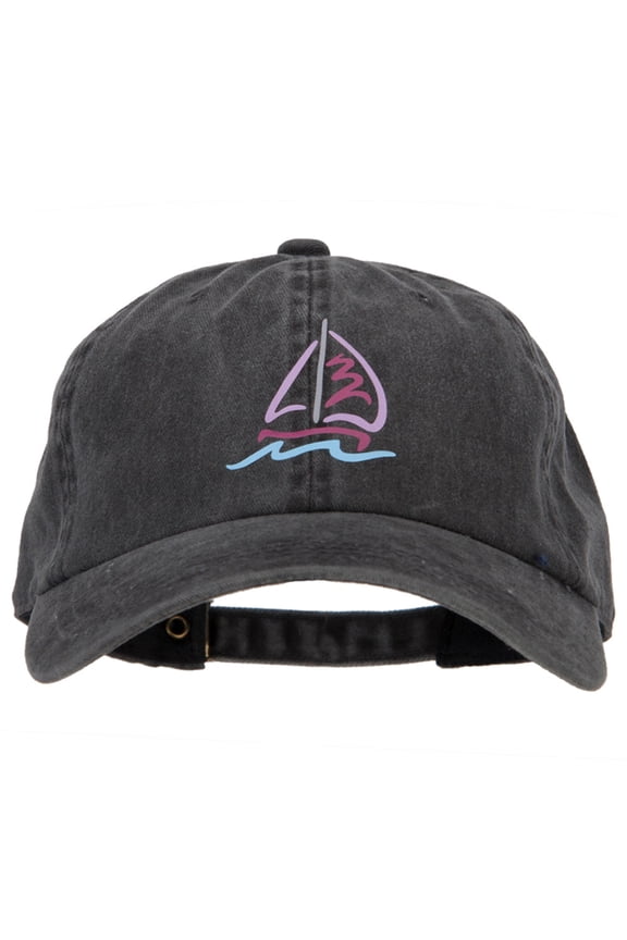 Sailboat with Wave Symbol Heat Transfer Unstructured Cotton Washed Cap - Black OSFM