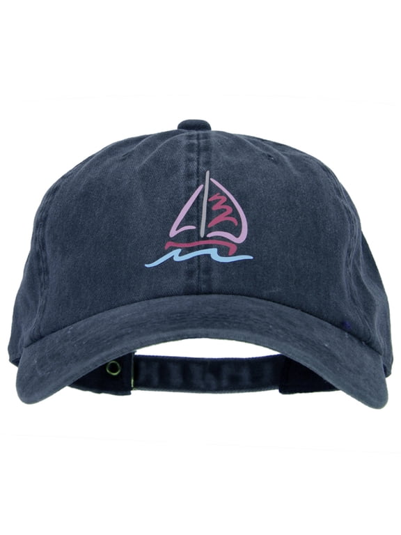 Sailboat with Wave Symbol Heat Transfer Unstructured Cotton Washed Cap - Navy OSFM