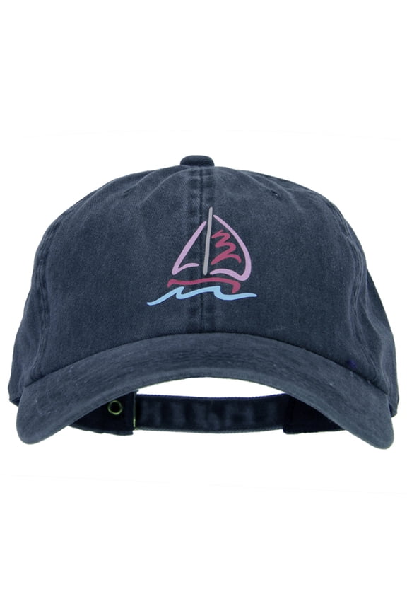 Sailboat with Wave Symbol Heat Transfer Unstructured Cotton Washed Cap - Navy OSFM